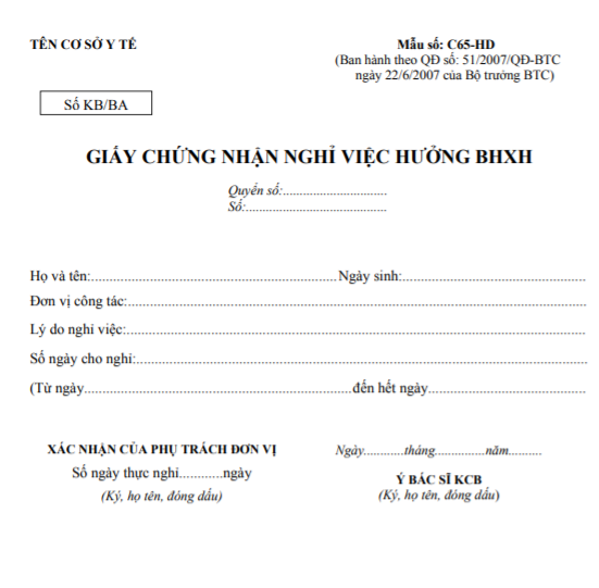 Mẫu C65-HD - Mẫu giấy chứng nhận nghỉ việc hưởng BHXH