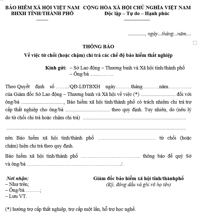Mẫu thông báo từ chối hoặc chậm chi trả các chế độ bảo hiểm thất nghiệp