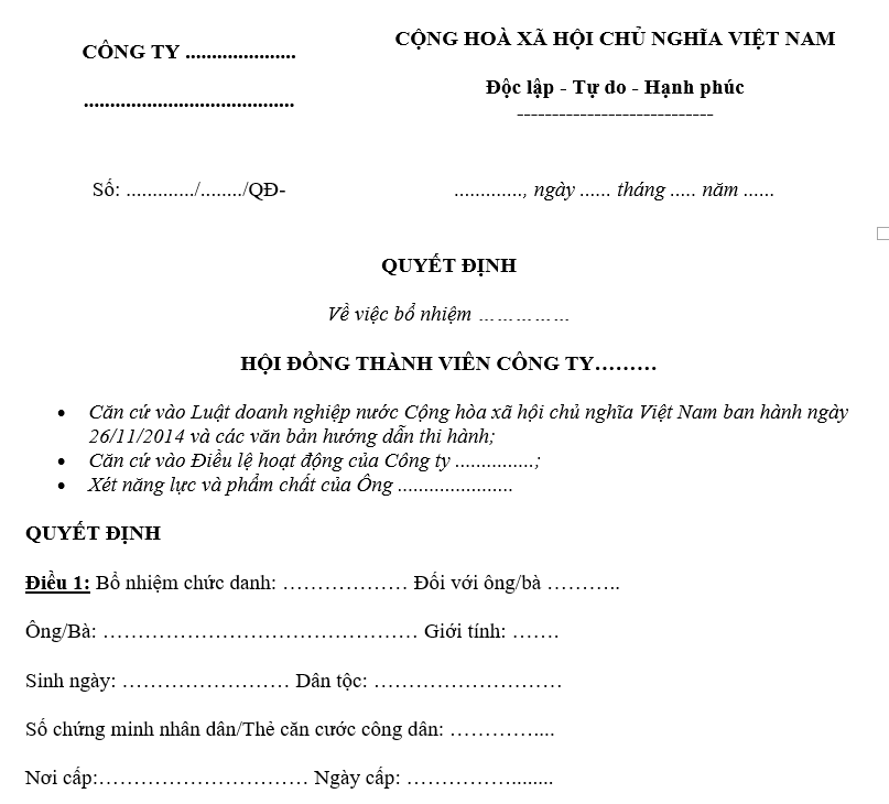 Mẫu quyết định bổ nhiệm chức vụ