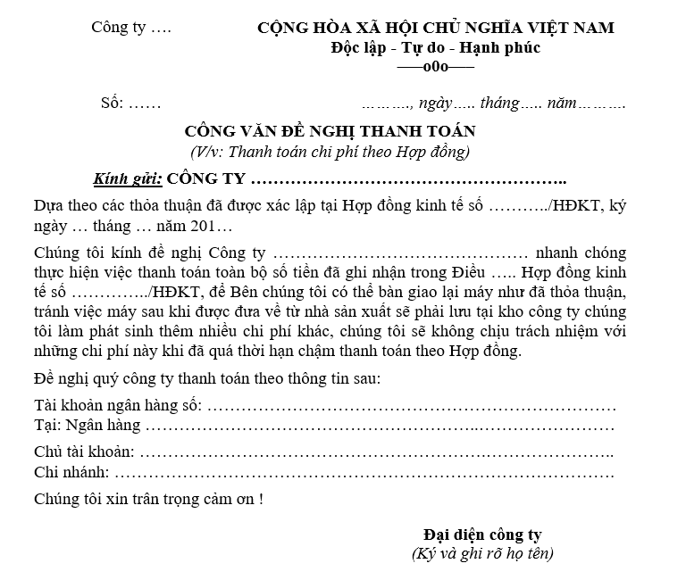 Mẫu công văn đề nghị thanh toán tiền theo hợp đồng