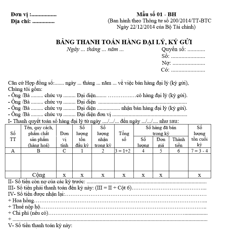 Mẫu Bảng thanh toán hàng đại lý, ký gửi và cách lập theo Thông tư 200