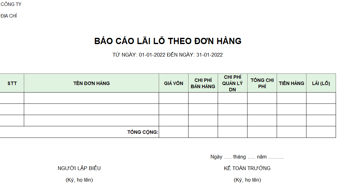 Mẫu báo cáo lãi lỗ theo đơn hàng