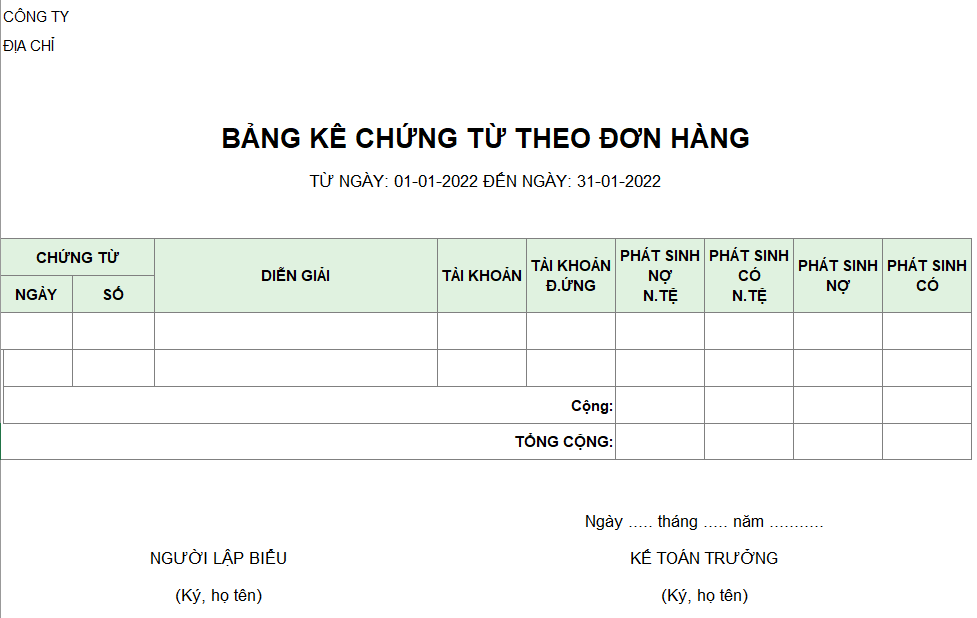 Bảng kê chứng từ theo đơn hàng ( NGOẠI TỆ )