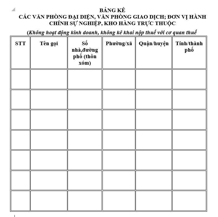 Mẫu bảng kê các văn phòng đại diện, văn phòng giao dịch