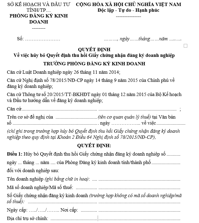 Mẫu quyết định hủy bỏ quyết định thu hồi giấy chứng nhận đăng ký doanh nghiệp