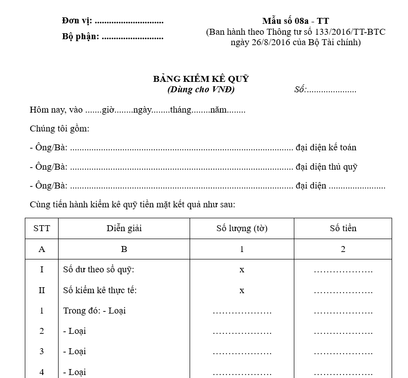 Mẫu số 08a-TT: Bảng kiểm kê quỹ dùng cho VND