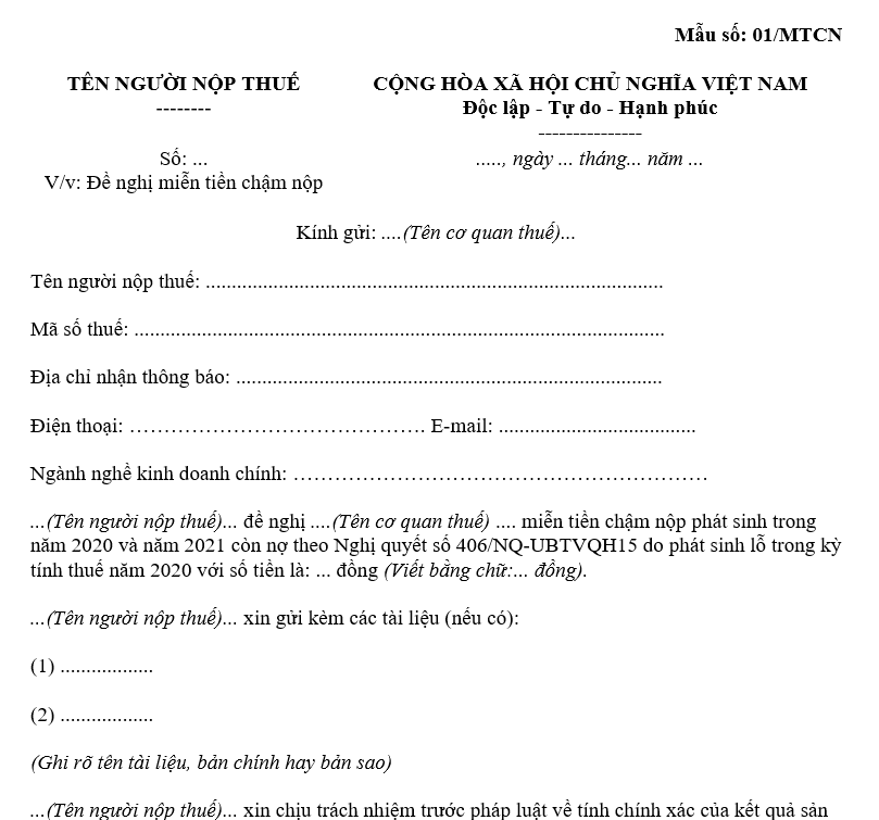 Mẫu 01/MTCN: Công văn về việc đề nghị miễn tiền chậm nộp