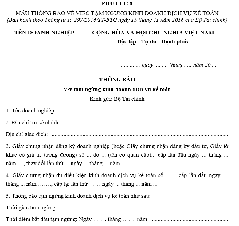 Mẫu thông báo tạm ngừng kinh doanh dịch vụ kế toán