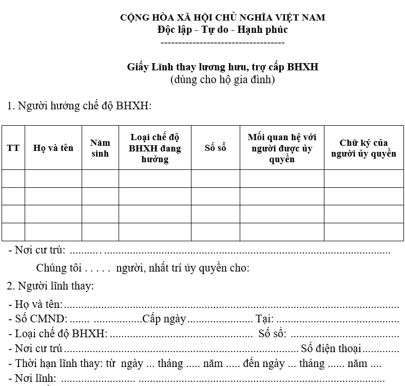 Giấy Lĩnh thay lương hưu, trợ cấp BHXH