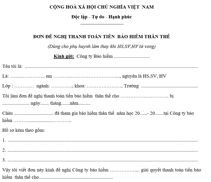 Mẫu đơn đề nghị thanh toán tiền bảo hiểm thân thể