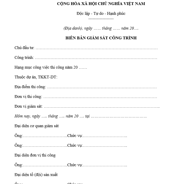 Mẫu biên bản giám sát công trình