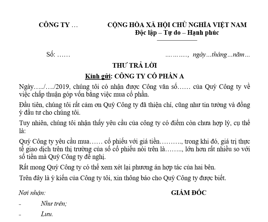 Mẫu văn bản phản hồi công văn