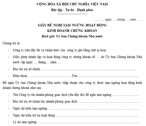 Mẫu giấy đề nghị tạm ngừng hoạt động kinh doanh chứng khoán