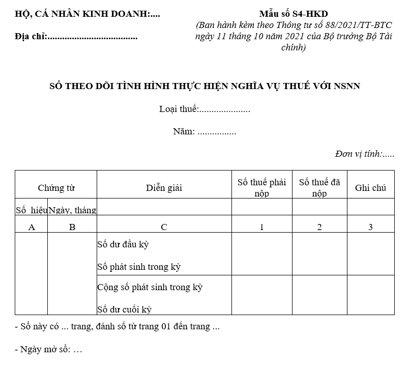 Mẫu số S4-DNSN: Sổ theo dõi tình hình thực hiện nghĩa vụ với NSNN