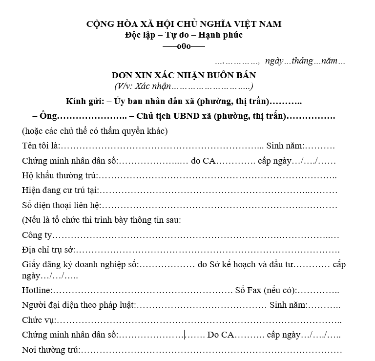 Mẫu đơn xin xác nhận buôn bán