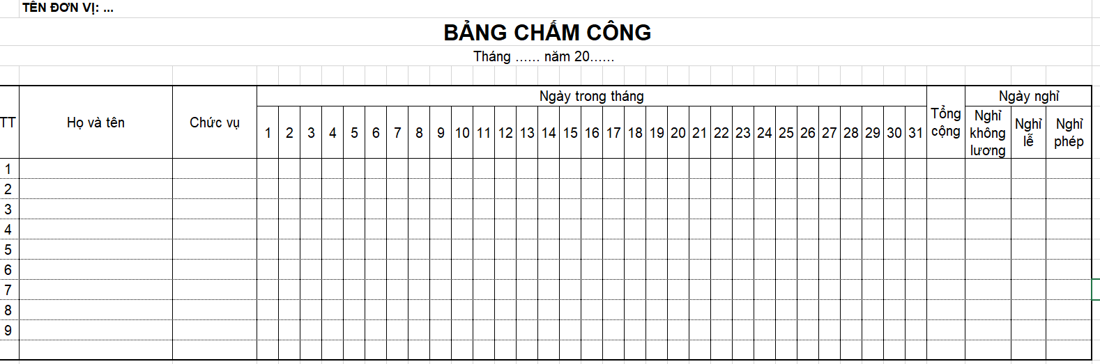 Mẫu bảng chấm công mới nhất