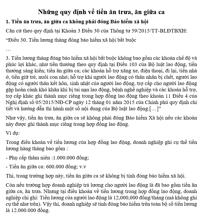 Quy định về tiền ăn trưa, ăn giữa ca