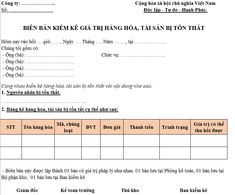 Biên bản kiểm kê hàng hóa tài sản bị tổn thất