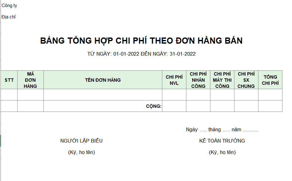 Mẫu bảng tổng hợp chi phí theo đơn hàng bán