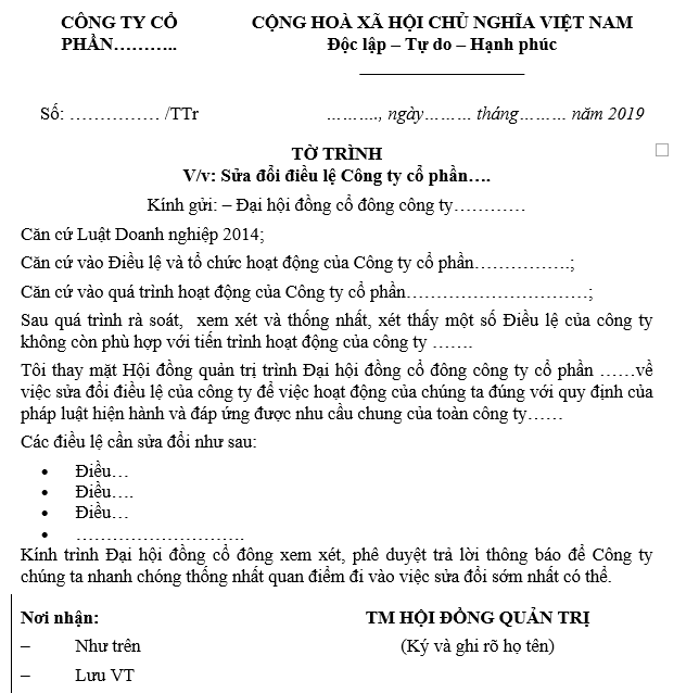 Mẫu tờ trình sửa đổi điều lệ