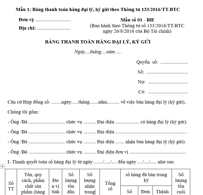 Mẫu số 01-BH: Bảng thanh toán hàng đại lý, ký gửi