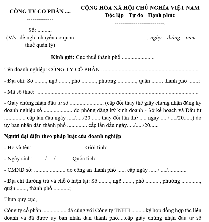 Mẫu công văn đề nghị chuyển cơ quan thuế quản lý