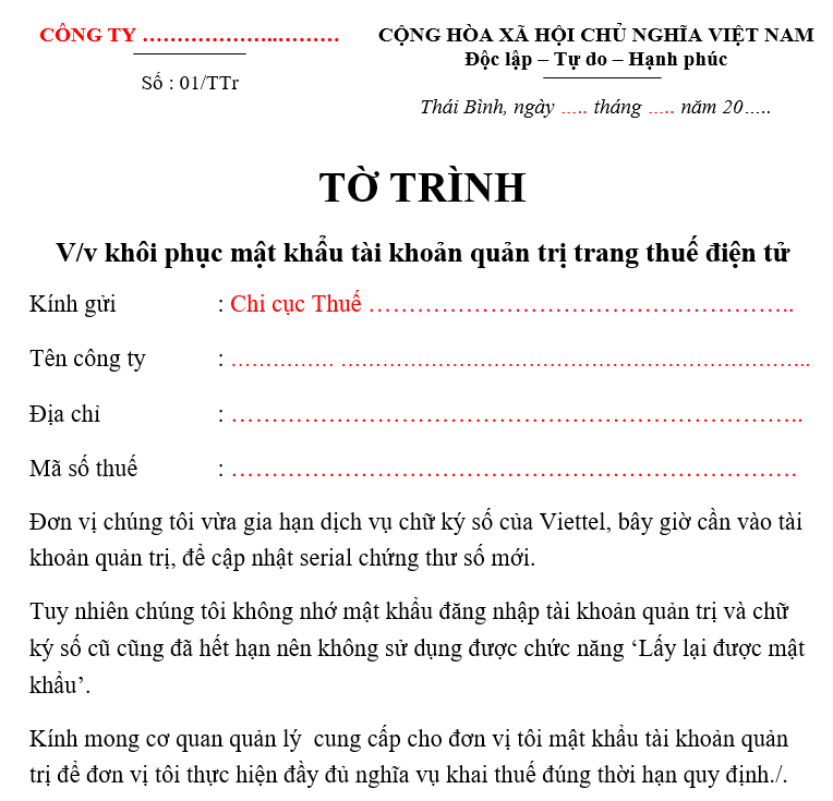 Công văn xin cấp lại mật khẩu trang thuế
