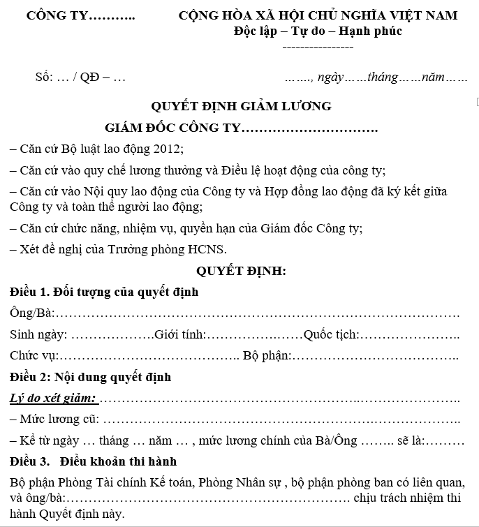 Mẫu quyết định giảm lương