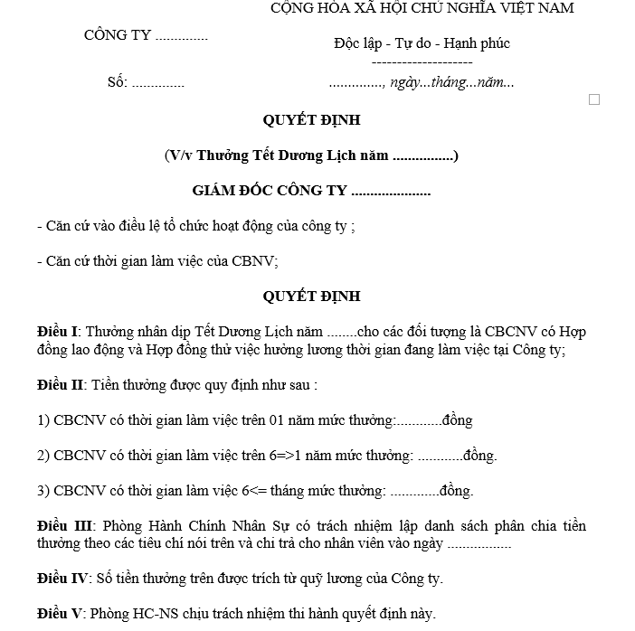 Mẫu quyết định thưởng Tết dương lịch