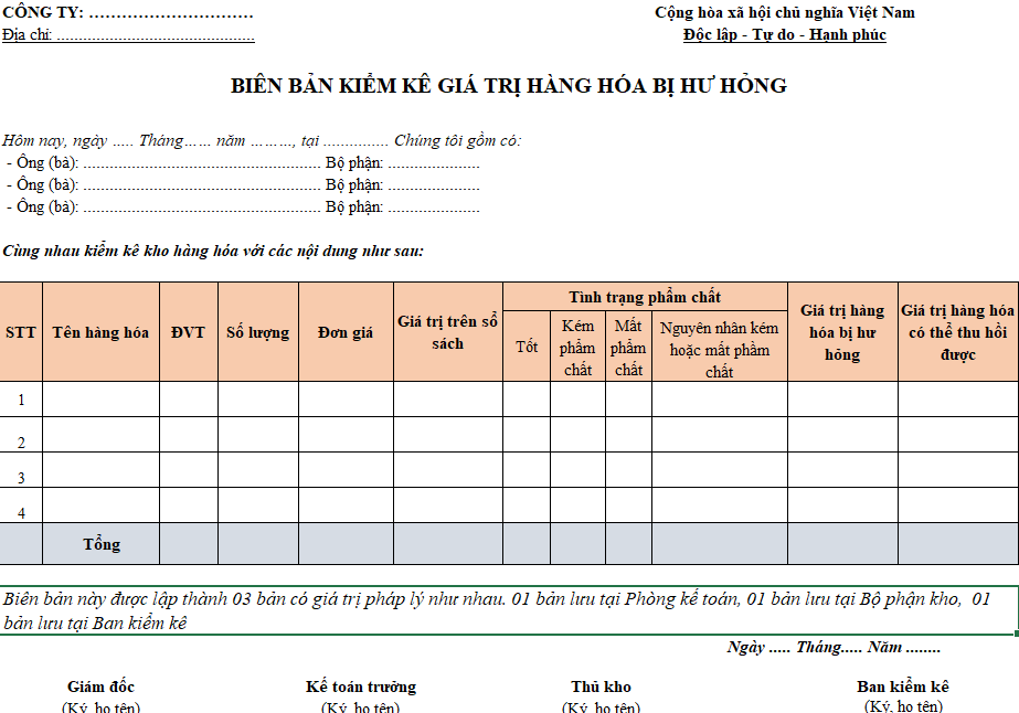 Biên bản kiểm kê hàng hóa bị hư hỏng hết hạn sử dụng