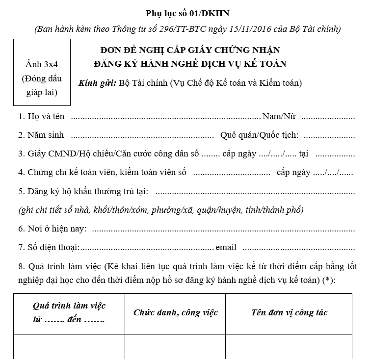Mẫu đơn đề nghị cấp giấy chứng nhận đăng ký hành nghề dịch vụ kế toán