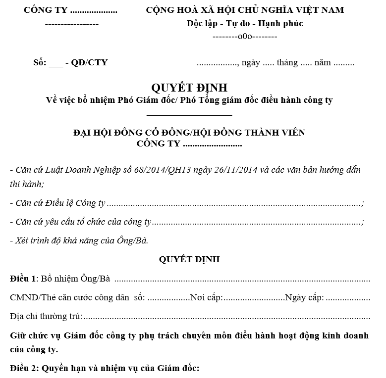 Mẫu quyết định bổ nhiệm phó giám đốc