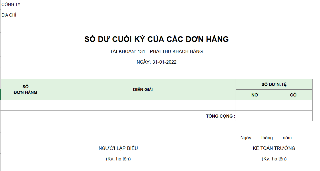 Mẫu số dư cuối kỳ của các đơn hàng ( Ngoại tệ )
