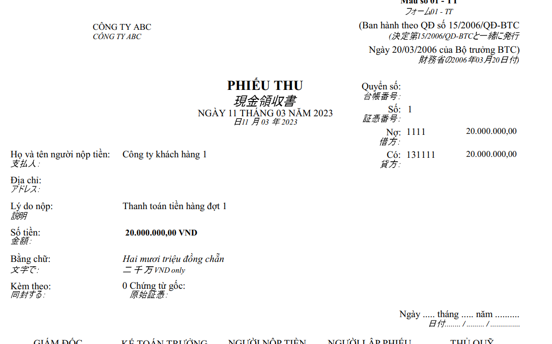 Mẫu phiếu thu theo TT 15 ( Song ngữ - Tiếng nhật)