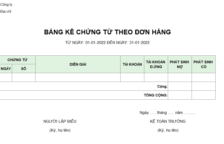 Bảng kê chứng từ theo đơn hàng