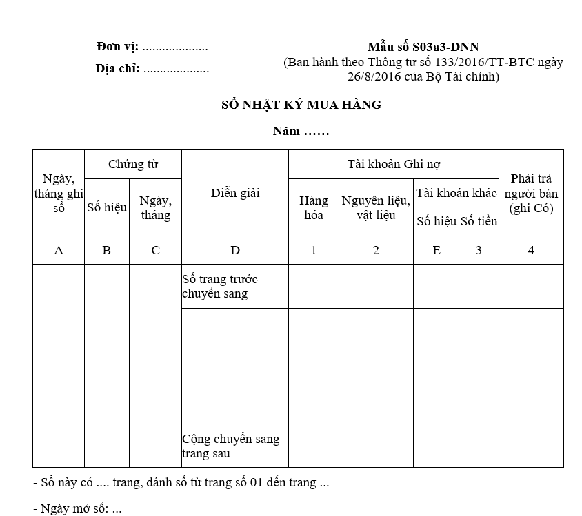 Mẫu số S03a3-DN: Sổ nhật ký mua hàng