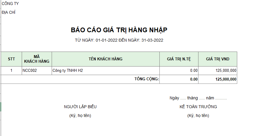 Báo cáo tổng giá trị hàng nhập theo khách hàng ( NGOẠI TỆ )