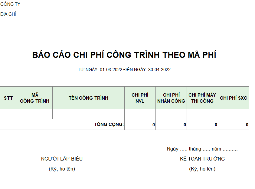 Báo cáo chi phí công trình theo mã phí