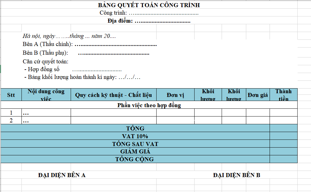 File Excel quyết toán công trình