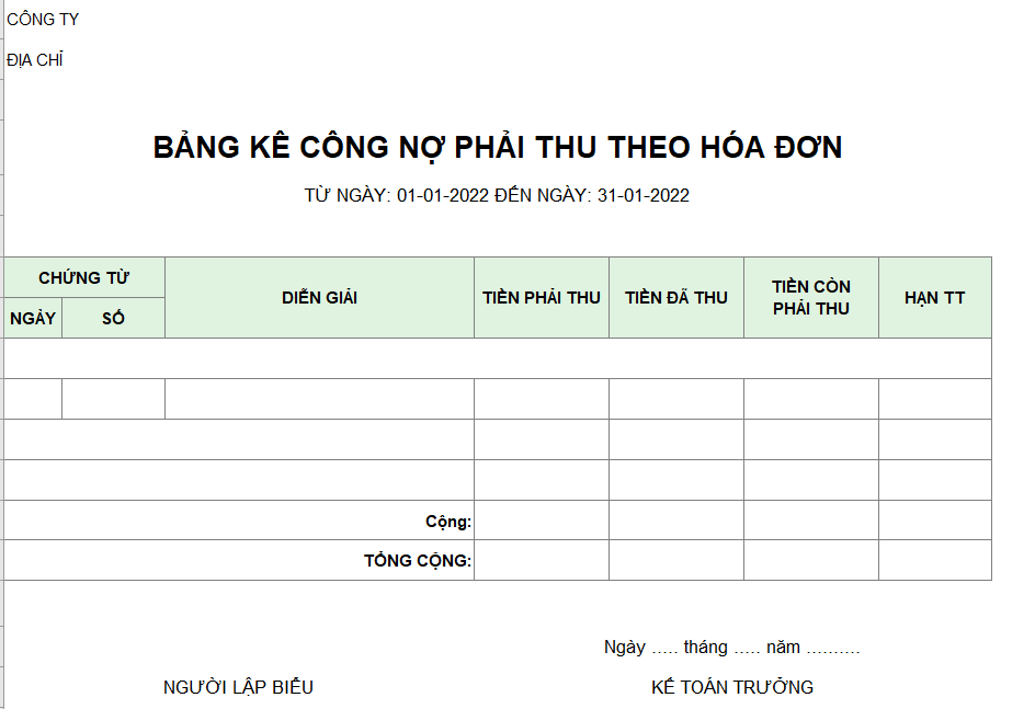 Mẫu bảng kê công nợ phải thu theo hóa đơn