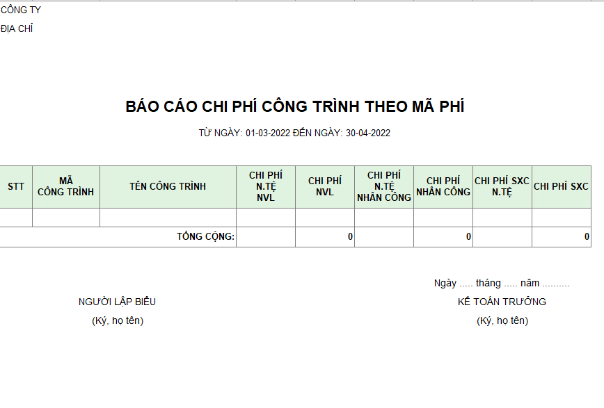 Báo cáo chi phí công trình theo mã phí ( NGOẠI TỆ )