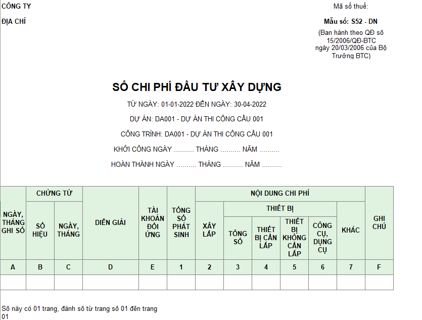 Mẫu sổ chi phí đầu tư xây dựng theo QĐ số 15/2006/QĐ-BTC