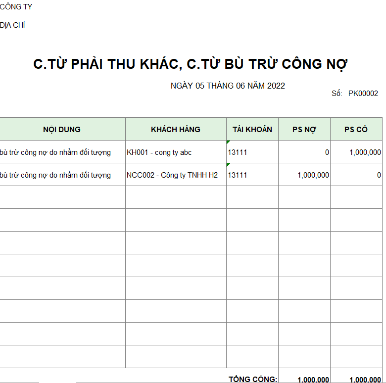 Mẫu chứng từ phải thu, chứng từ bù trừ công nợ
