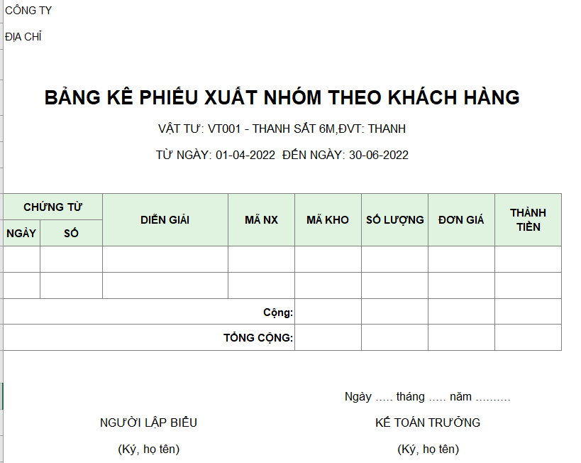 Bảng kê phiếu xuất nhóm theo khách hàng