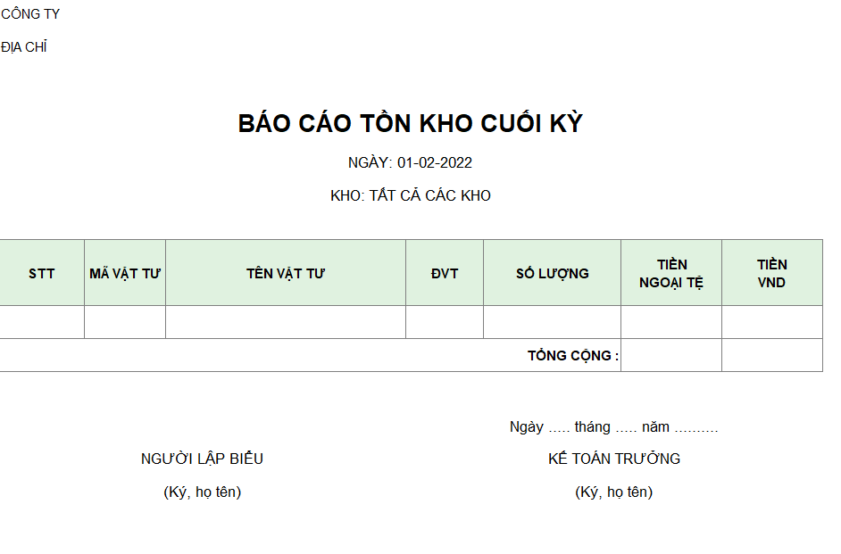 Mẫu báo cáo tồn kho cuối kỳ ( NGOẠI TỆ )