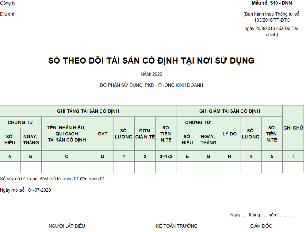 Mẫu sổ theo dõi TSCĐ tại nơi sử dụng theo TT 133 ( NGOẠI TỆ )