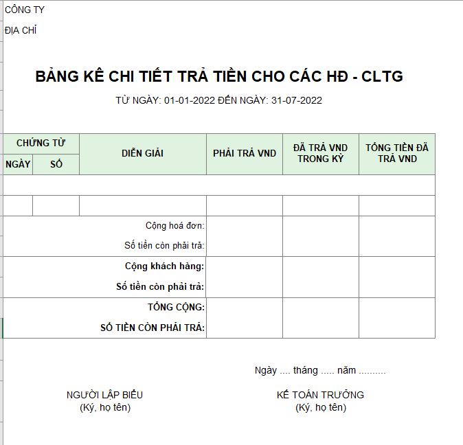 Bảng kê chi tiết trả tiền cho các hóa đơn - CLTG