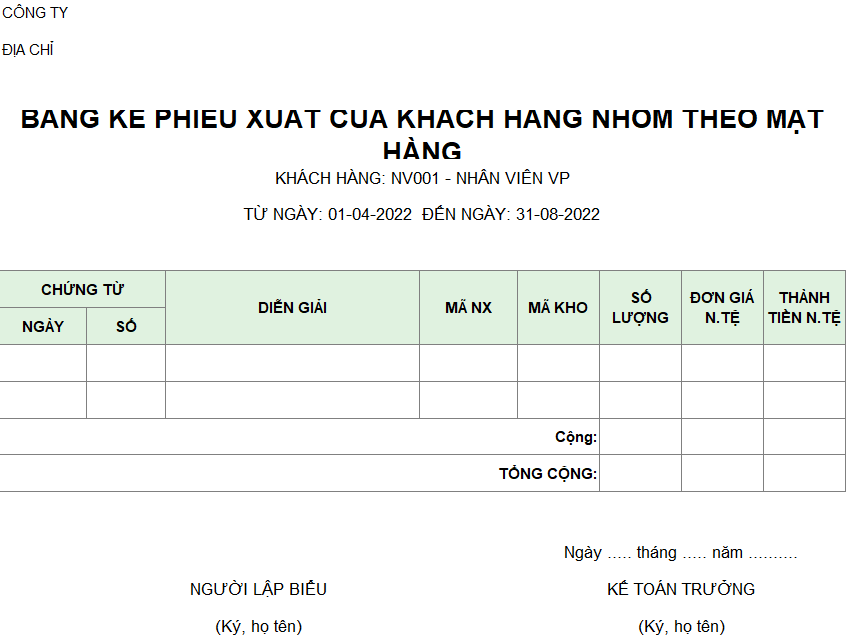 Bảng kê phiếu xuất của khánh hàng nhóm theo mặt hàng ( NGOẠI TỆ )