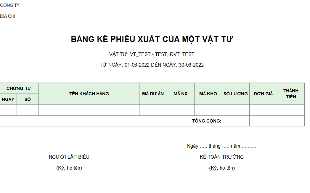 Bảng kê phiếu xuất của một mặt hàng