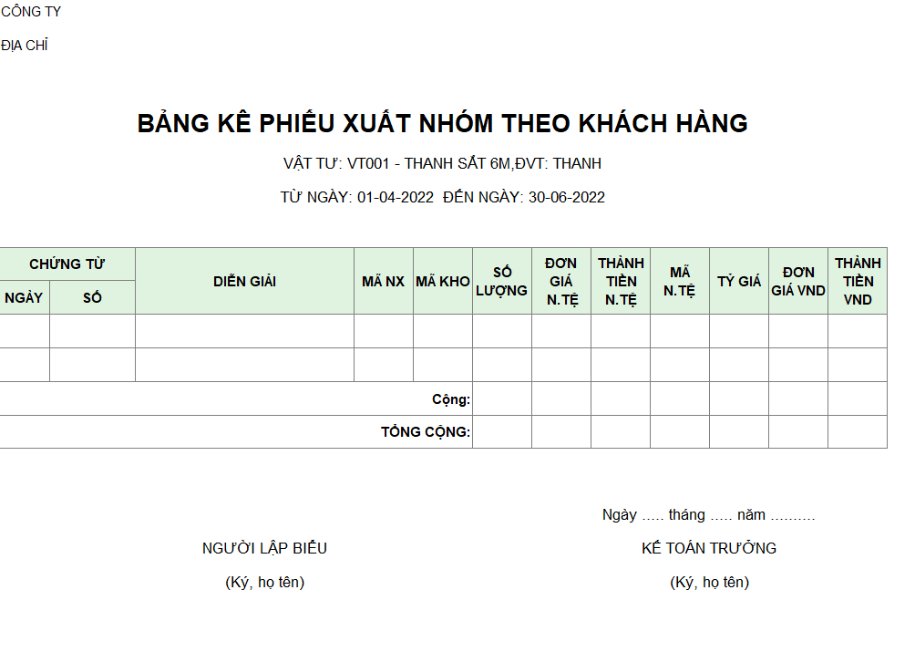 Bảng kê phiếu xuất nhóm theo khách hàng ( NGOẠI TỆ )